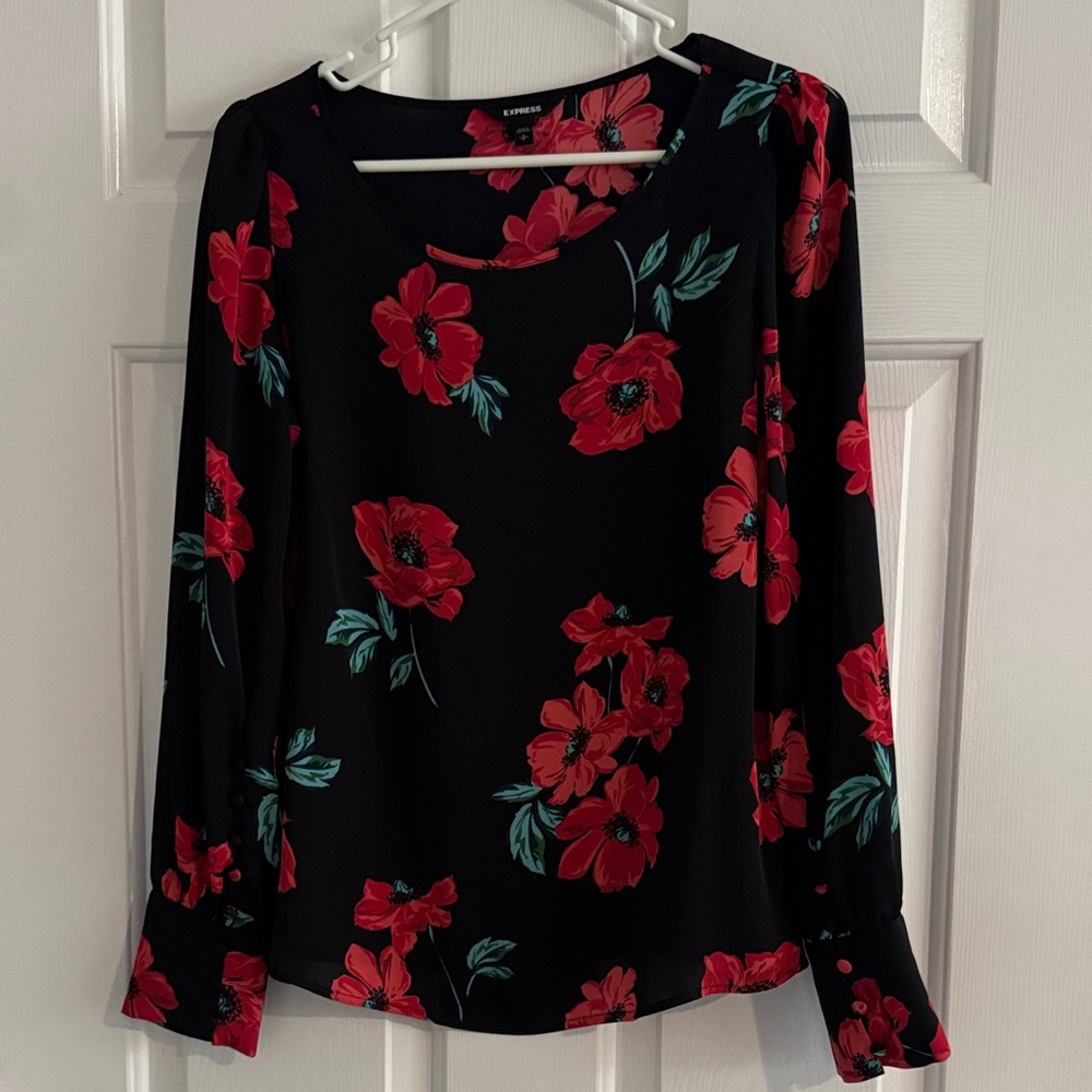 Express Black Long-Sleeve Top with Red Floral Print
